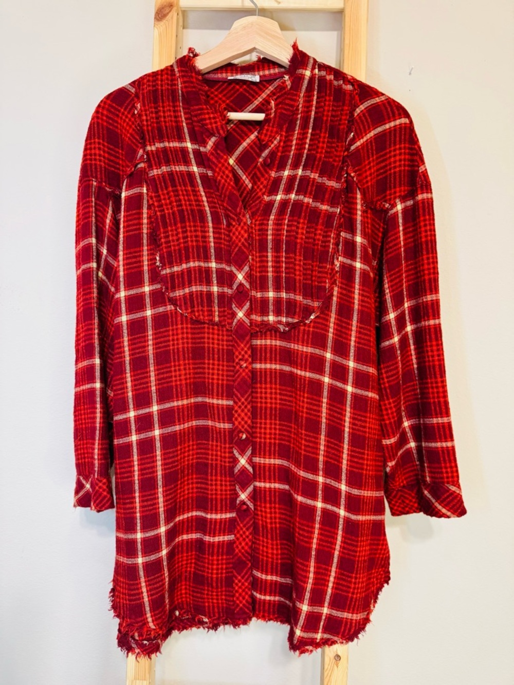 Red Plaid Tunic Top - Women’s Cozy Button-Up